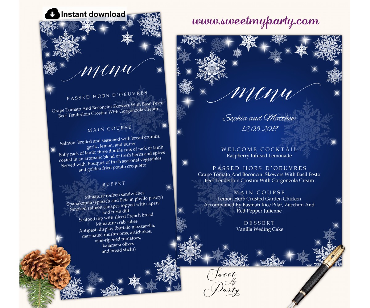 Snowflakes menu card printable template,Winter wedding menu card,(152w)
